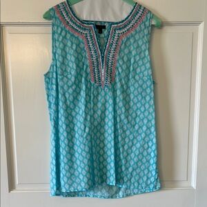 Sleeveless Aqua Patterned Top By Talbots
